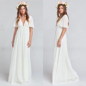 NWT Show Me Your Mumu Womens Faye Flutter Elegant Deep V  Maxi Dress Ivory Small